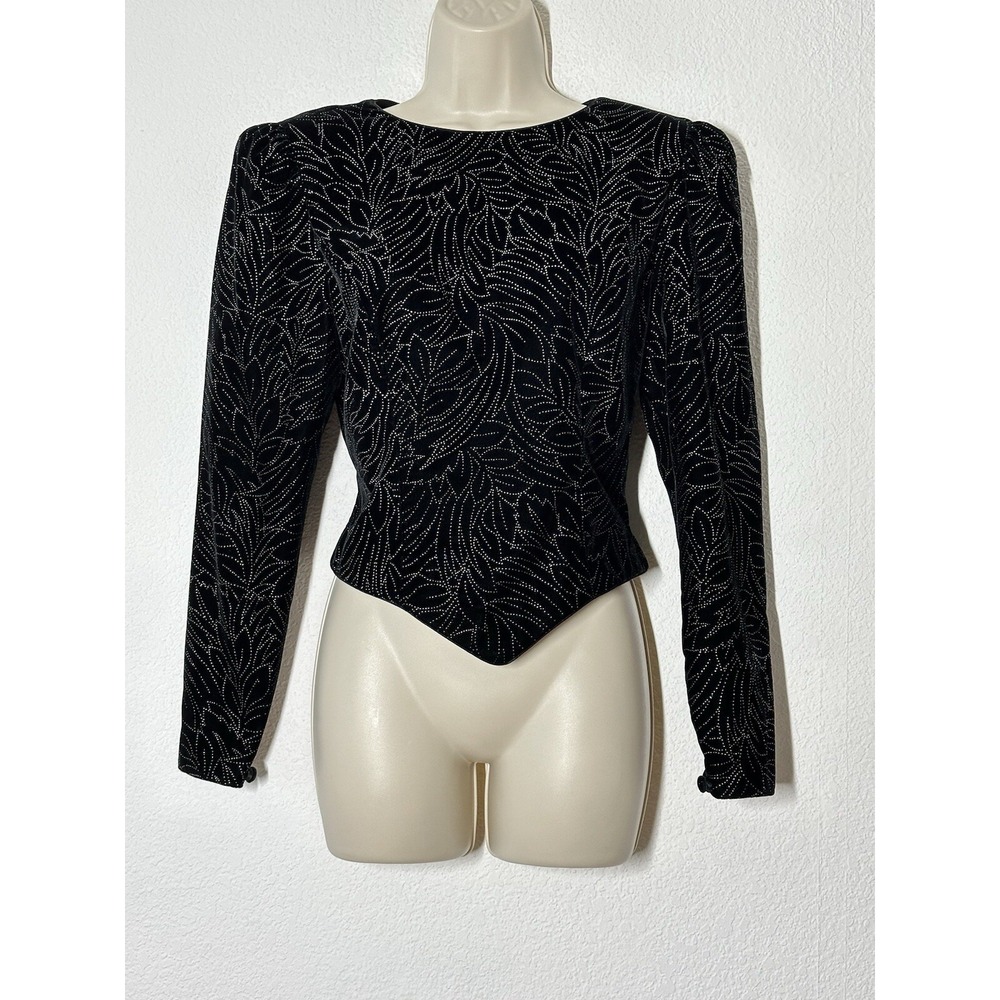 Vtg 90s Y2K Black Velvet Fitted Crop Long Sleeve Top‎ 6 Dark Witchy Whimsigoth